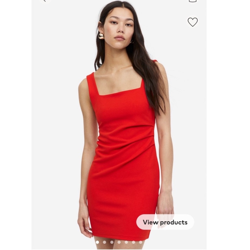 H&M Red Bodycon Mini Dress Ruched Side Sleeveless Square Neck Medium
